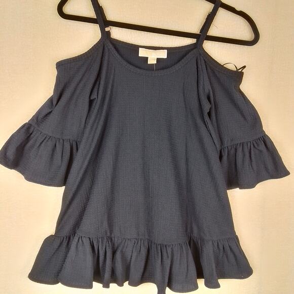 Michael Kors Womens Blouse Blue XS Boho Short Sleeve Cold Shoulder Ruffle‎ Navy - Picture 3 of 14